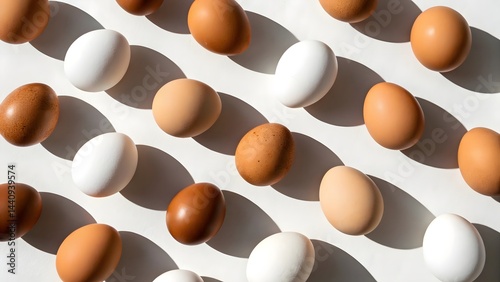 Diverse collection of eggs in varying shades of brown, beige, and white, artistically arranged on a white surface with soft shadows