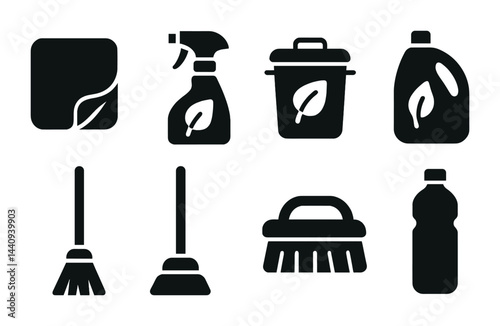 Eco-friendly cleaning icons – solid style symbols for sustainable homecare and green living: spray bottle, recycling bin, mop, scrub brush, detergent, water bottle, sweep
