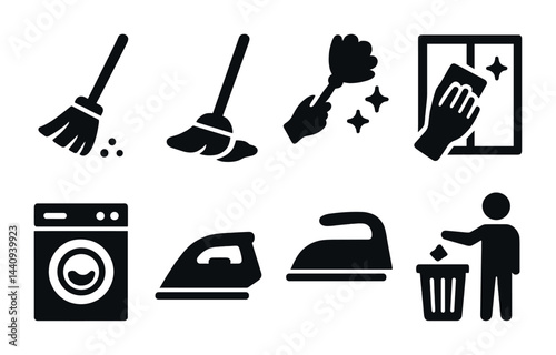 Wallpaper Mural House cleaning solid icons set – flat style home maintenance, sanitation, and chores symbols for organization: broom, mop, duster, cleaning rag, washing machine, iron, trash bin. Torontodigital.ca