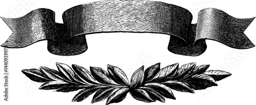 Vintage engraved wavy banner and laurel design for elegant invitations