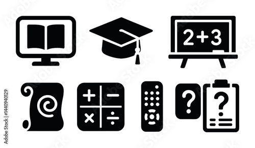 Education icon set – solid style for school, learning, and study tools: computer, graduation cap, blackboard, diploma, calculator, remote, quiz