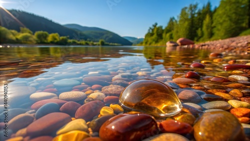 Crystal-clear river flowing over vibrant, smooth pebbles with a reflective water bubble in the foreground, framed by lush trees and distant mountains