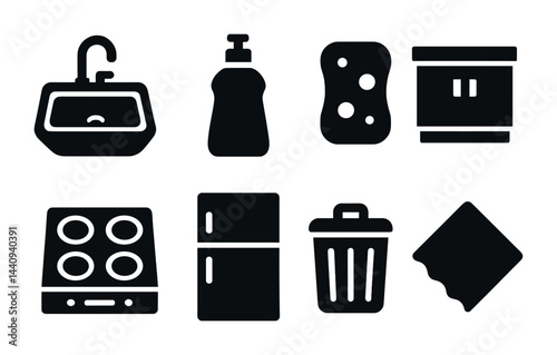Kitchen essentials solid icons set – filled style cooking, cleaning, and home symbols for culinary organization: sink, soap dispenser, sponge, cutting board, stove, refrigerator, trash bin, cloth.