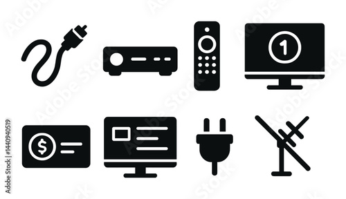 Home theater and entertainment flat icons set – solid style multimedia, audio, and video elements for digital interfaces: hdmi cable, amplifier, remote, monitor, credit card, tv, power plug,