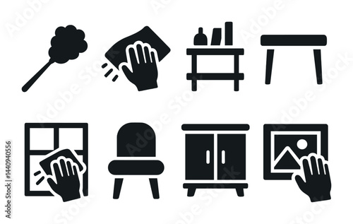 Home cleaning and furniture care icons – solid style housekeeping, sanitization, and organization symbols: duster, sponge, shelf, table, window, chair, cupboard, frame