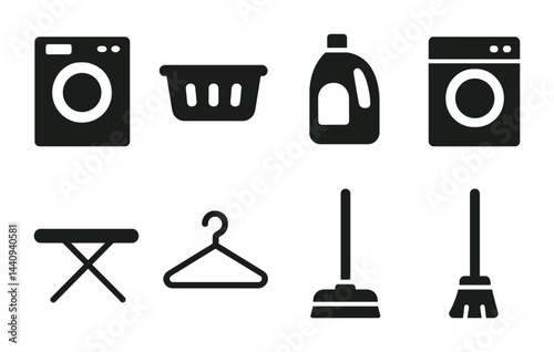 Laundry icons set - solid style cleaning and housekeeping symbols for home organization: washing machine, laundry basket, detergent, ironing board, hanger, mop, broom, plunger.