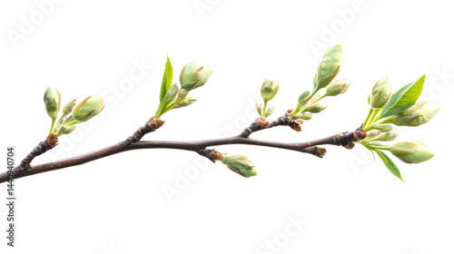 Delicate tree buds, fresh spring growth, slender branches, pale green leaves, 