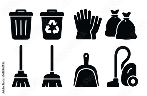 Cleaning and sanitation solid icon set – silhouette style hygiene, waste management, and janitorial symbols for household and office: trash bin, recycle, gloves, broom, vacuum, dustpan.