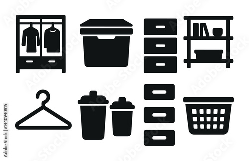 Home organization solid icon set – silhouette style storage, decluttering, and space-saving symbols: wardrobe, storage box, shelf, hanger, trash bin, laundry basket, drawer.