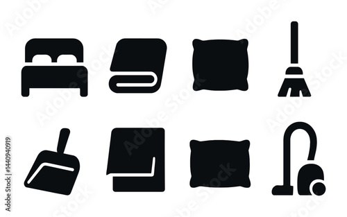 Housekeeping and cleaning solid icon set – silhouette style maintenance, chores, and hygiene symbols for home organization: bed, pillow, broom, vacuum cleaner, dustpan.