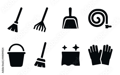 House cleaning icon set - solid style hygiene, sanitation, and housekeeping symbols for home care: broom, rake, dustpan, hose, bucket, mop, cloth, gloves.