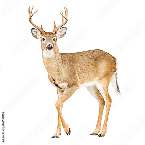 Majestic buck deer stands alert on a clean white background with antlers