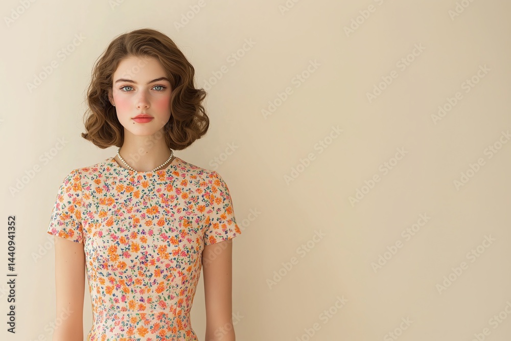 Obraz premium Retro-style woman in floral orange dress standing against neutral beige background, vintage inspired feminine portrait with soft tones and classic fashion details