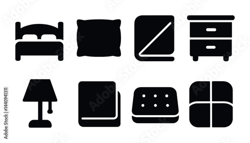 Bedroom essentials solid icons set – flat style home, comfort, and furniture symbols for interior design: bed, pillow, blanket, nightstand, lamp, mattress, duvet