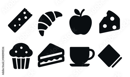 Delicious food silhouette icons set – flat style culinary, dining, and snack symbols for kitchen design: cheese, croissant, apple, muffin, cake, cup, napkin