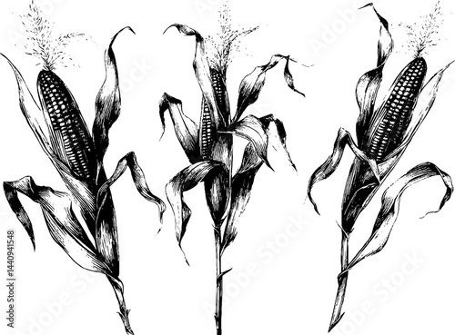 Engraved vintage corn stalks set for nature-inspired designs