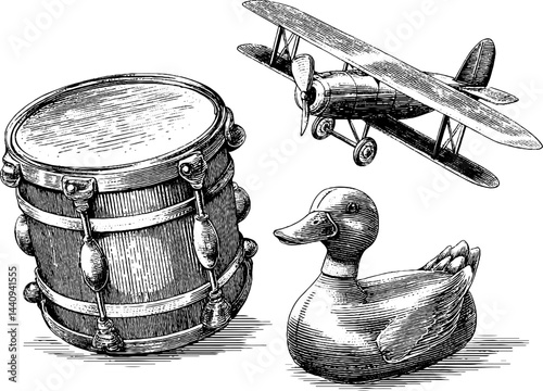 Vintage toy collection: engraved illustrations of drum, wind-up plane, and duck