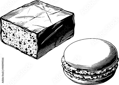 Engraved illustration of fudge square and macaron for culinary design