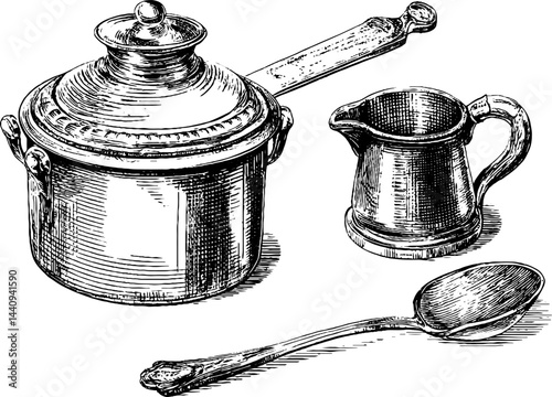 Vintage engraved illustration of mini kitchen set with pot, jug, and spoon for culinary design
