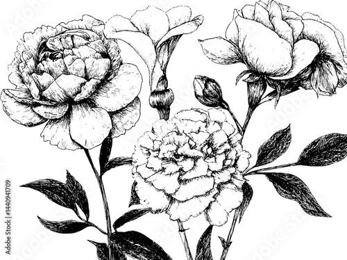 Intricate engraved botanical illustrations of peony and carnation flowers for art and decoration