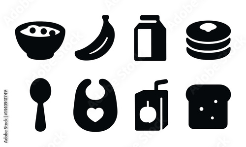 Breakfast and morning routine solid icons set – silhouette style for culinary design, meal planning, and healthy eating: cereal, banana, milk, pancakes, spoon, bib, juice box, toast.