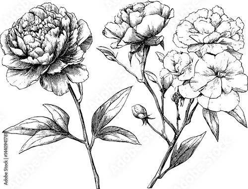 Botanical art with engraved peony and carnation flowers for floral design