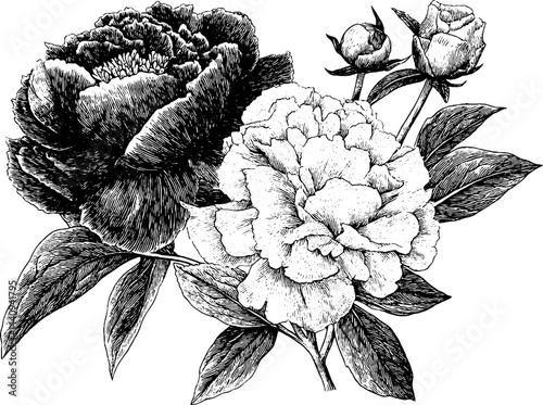 Engraved floral illustration set featuring peony and carnation blooms for botanical design
