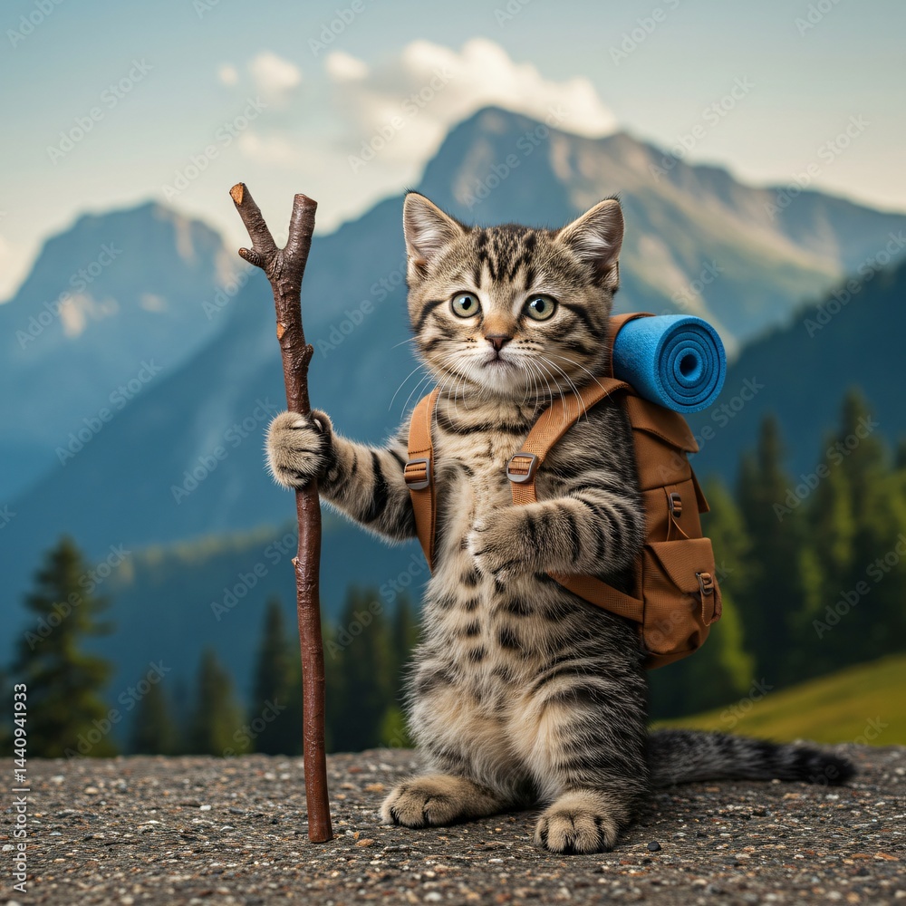 Obraz premium Adventurous Kitten on a Mountain Hike A Hilarious Journey into the Wild