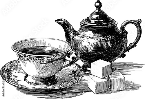 Vintage tea time engraving with teacup, teapot, and sugar cubes for classic design