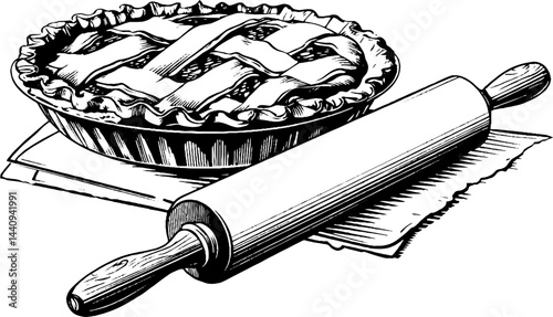 Detailed engraved illustration of cherry pie with lattice crust and rolling pin