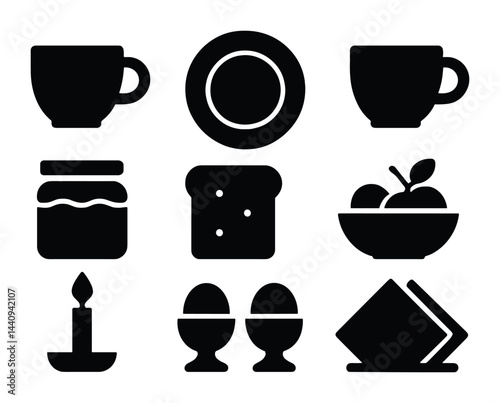 Breakfast and kitchen solid icons set - filled style food, cooking, and dining symbols: coffee cup, plate, jam jar, toast, fruit bowl, candle, eggs, napkin holder.