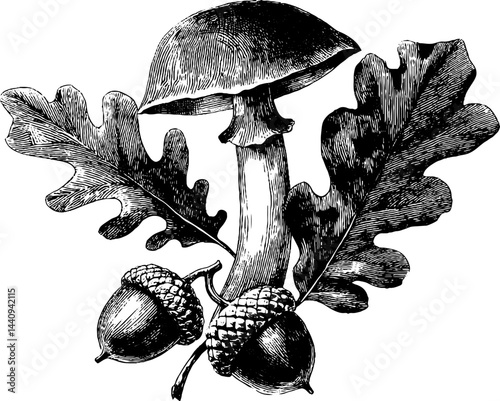 Engraved botanical illustration of mushroom and oak leaves for nature design projects