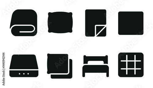 Bedroom essentials icon set - solid style sleep, comfort, and interior symbols for home decor: blanket, pillow, sheet, mattress, bed frame, quilt, duvet, bedspread.