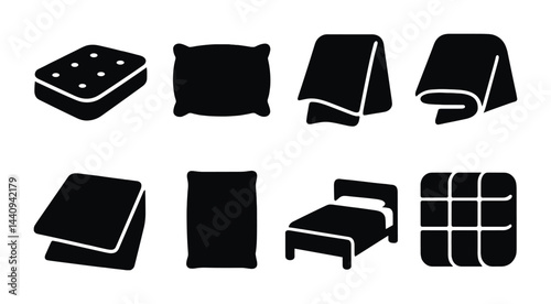 Home comfort essentials solid icons set – silhouette style household, bedding, and linen symbols for interior design: pillow, blanket, mattress, towel, bed, sheet, comforter.