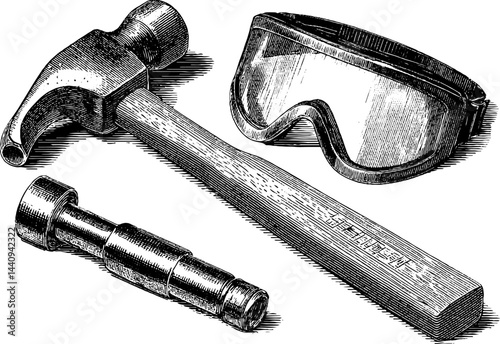 Engraved illustration of construction tools and safety gear for design and projects