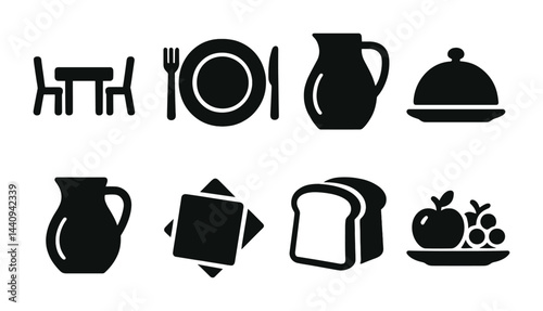 Essential kitchen and dining solid icons set – silhouette style for culinary, cooking, and tableware design: table, fork, plate, jug, dish, bread, fruit, napkin