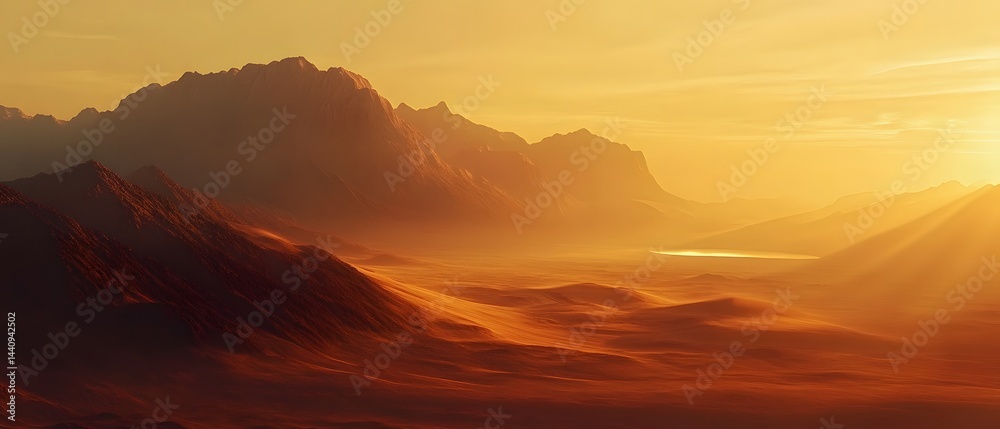Fototapeta premium Sunset over a Mystical Mountain Range: An ethereal sunset casts a warm glow over a majestic mountain range, creating a sense of awe and wonder. The vast landscape, bathed in hues of gold and orange.
