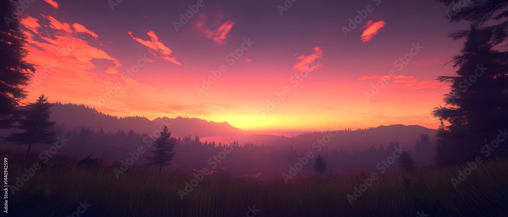 Radiant Sunset over Forest: A breathtaking view of a vibrant sunset over a serene forest landscape, with layers of silhouettes and radiant colors painting the sky. Radiant Sunset over Forest: A breathtaking view of a vibrant sunset over a serene forest landscape, with layers of silhouettes and radiant colors painting the sky.