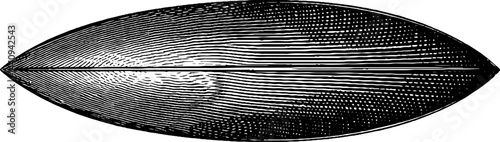 Intricate black line engraving of a surfboard with bold abstract design