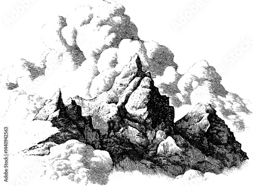 Engraved mountain landscape with cloudy summit - vintage style for artistic design