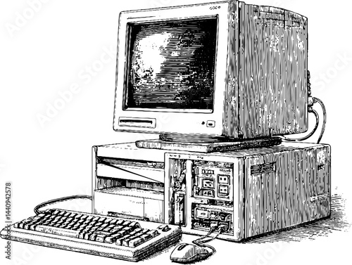 Engraved illustration of vintage desktop computer with keyboard and mouse
