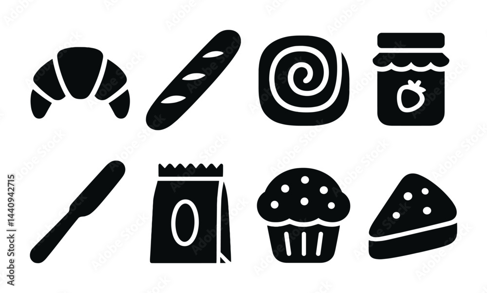 Bakery and pastry solid icons set – filled style culinary, baking, and dessert symbols for kitchen design: croissant, baguette, swirl bun, jam jar, knife, flour bag, muffin, sandwich.