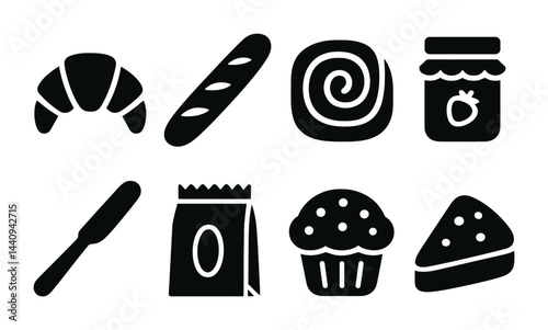 Obraz na płótnie Bakery and pastry solid icons set – filled style culinary, baking, and dessert symbols for kitchen design: croissant, baguette, swirl bun, jam jar, knife, flour bag, muffin, sandwich. w salonie