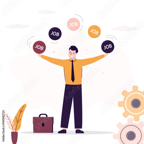 Multitasking work and time management concept, confident businessman juggling many jobs, productivity and project management. skills improvement