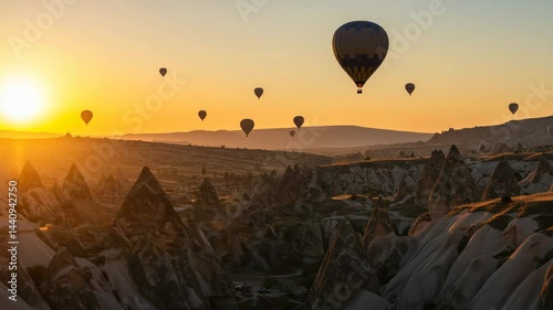 Hot air balloons soaring at sunrise over rocky landscape  