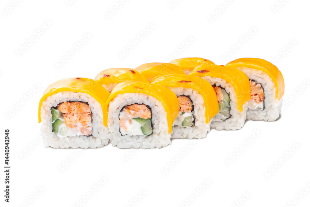 Sushi rolls with baked salmon, cream cheese, cucumber and cheese topping Sushi rolls with baked salmon, cream cheese, cucumber and cheese topping