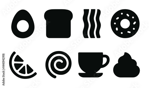 Breakfast food icons set – solid style meal, morning, and coffee symbols for culinary design: avocado, toast, bacon, donut, lemon slice, cinnamon roll, cup, cupcake.