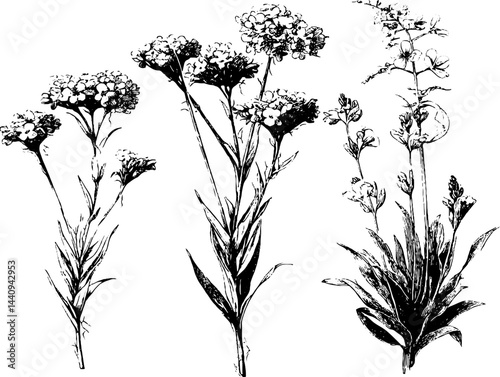Engraved botanical illustration of sea thrift and beach flowers collection