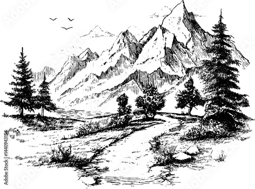 Engraved mountain landscape with scenic path and pine trees for artistic design