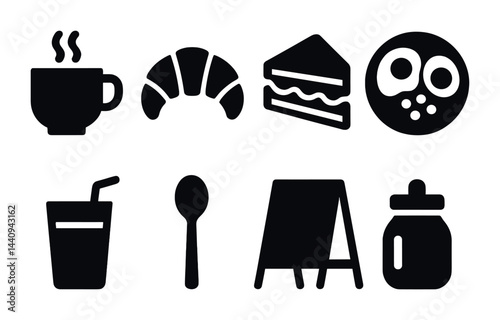 Café and bakery solid icon set – filled style coffee shop, pastry, and breakfast symbols for menu design: coffee cup, croissant, cake, pizza, juice, spoon, board, baby bottle.